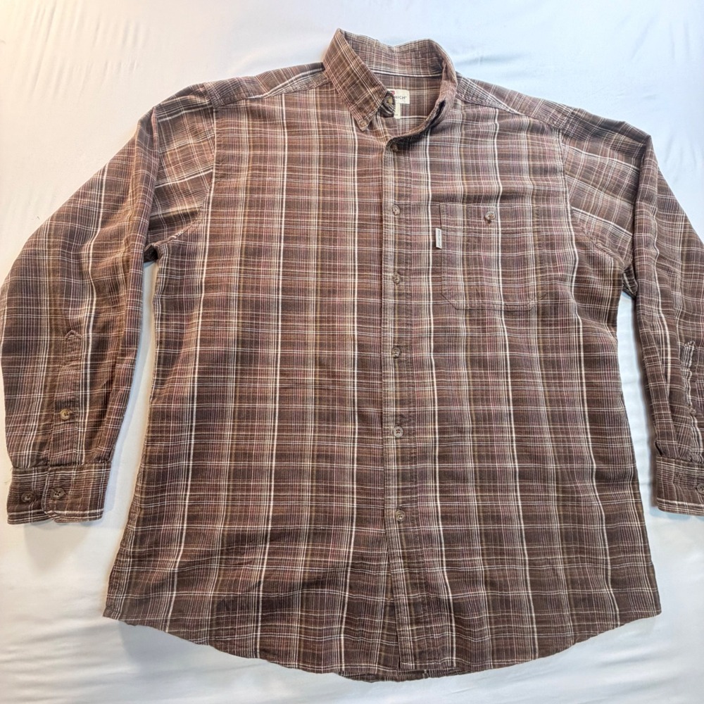 Woolrich Plaid Button Up Shirt Mens Large Brown Outdoor Casual Cotton